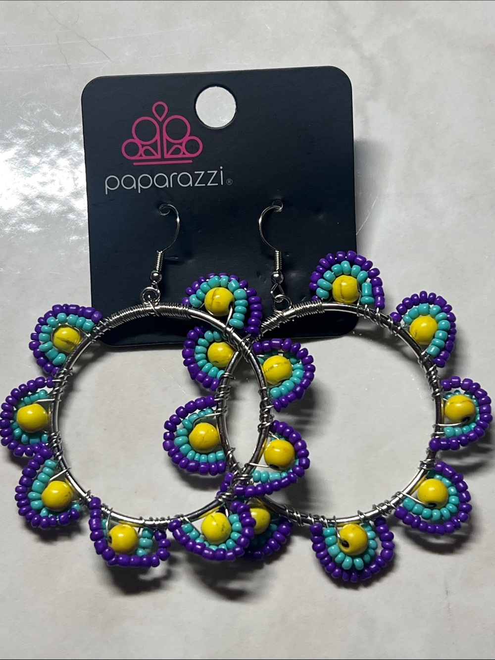 Paparazzi Purple, Turquoise & Yellow Beaded Hoop Earrings